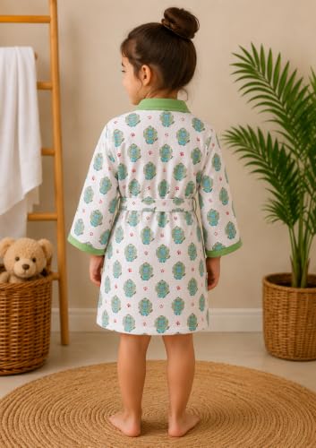 Image of Hand Block Print Waffle Cotton Fabric Kid's Bathrobes Loungewear lightweight Traditional Handblock Printed Bathrobe For Boy & Girls (Suitable for kids 9 to 12 years old) Green