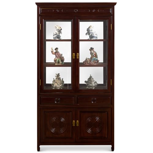 ChinaFurnitureOnline Dark Cherry Rosewood Longevity Motif Oriental China Cabinet