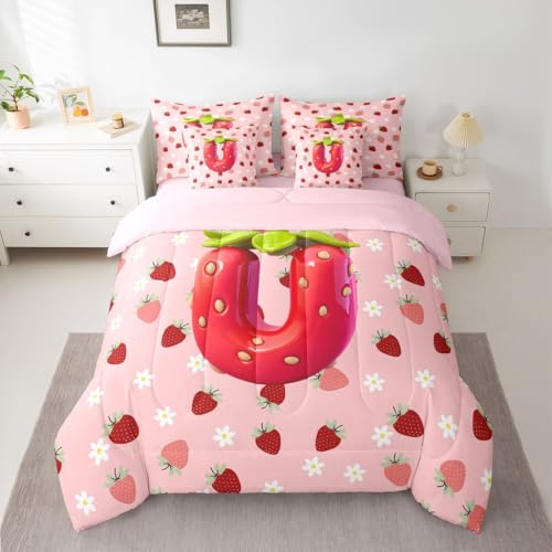 Image of Feelyou Girls Pink Red Strawberry Comforter Set with Sheets 7 Piece Twin Size Initial Letter U Bedding Set for Kids Boys Girls Princess Strawberry Bed in a Bag Room Decor Soft Lightweight Microfiber