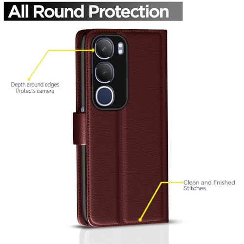 Image of Pikkme Flip Cover Leather Finish | Inside TPU with Card Pockets | Wallet Stand and Shock Proof | Complete Protection Button Flip Case for Vivo Y19s(Brown)