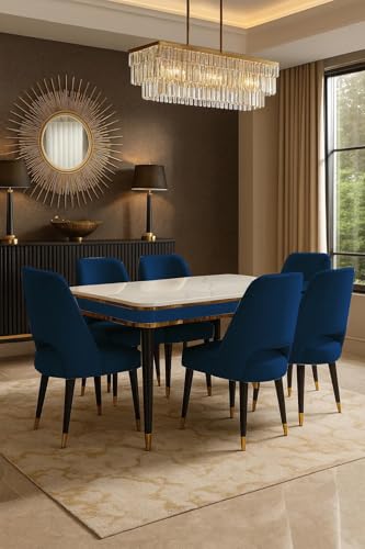 Image of WOODEN SPACE 6-Seater Wooden Dining Table Set | Nano Composite Marble Top | Solid Wood Base | Modern Dining Room Furniture with 6 Chairs (Navy Blue Vintage)