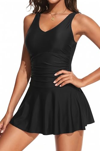 Image of Yonique One Piece Swimsuits for Women Modest Tummy Control Swimdress Vintage Bathing Suits Skirt Swimwear