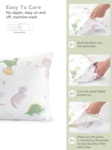 Image of TILLYOU Toddler Pillowcases 13 x 18 Travel Pillow Case 2 Pack, Kids Pillowcases Machine Washable with Envelope Closure, Dinosaur Land