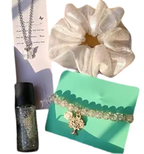 Image of White Gift Hamper Combo for Women & Girls 1 Hair Scrunchies, Hand Braclate, Butterfly Necklase, 1 Nail polish With Box
