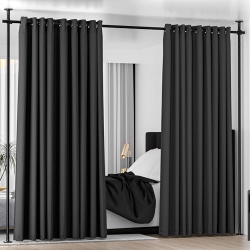 Room Divider Curtain Rod No Drilling Wall Divider for Room Separation Adjustable 48-120in (H) 30-70in(W) Heavy Duty Floor to Ceiling Tension Rod Divider for Temporary Privacy Wall Divider-Black