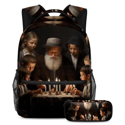 Sac à dos Hanukkah avec trousse assortie grand format pour écoliers et adolescents
