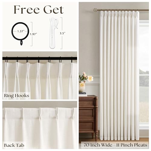 Image of 70 Inch Extra Wide Linen Curtains 96 Inches Long for Living Room | Cream Natural, Pinch Pleated, Sheer, Neutral, Boho, Light Filtering, Hooks Rings, Back Tab, Sliding Door, Bedroom, 1 Panel