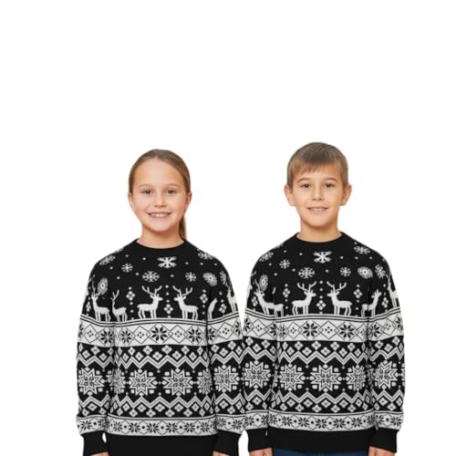 HUBIBUBI Unisex Christmas Jumper with Reindeer Pattern, Festive Xmas Tree Knitted Pullover for Men, Women, Boys & Girls Kids Sizes 5-13, S-2XL (UK, Age, 11 Years, 12 Years, Kids Black)