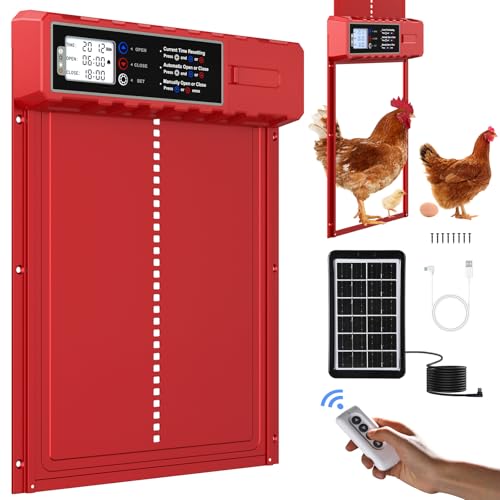 FabStyl Porte Automatique Poulailler Solaire Grande Taille 27.5x36cm avec Télécommande&USB-C Cable,Porte Poulailler Rouge en Aluminium Étanche,3...