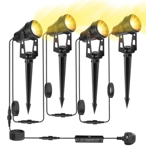 HUAEU Garden Spotlights Mains, 14 M, 4-in-1 Outdoor LED Spotlight, Warm White, 3000 K, 12 V, IP65 Waterproof Garden Uplighter
