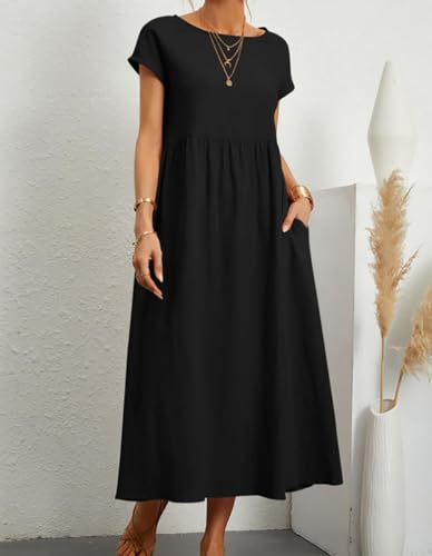 Image of BIRW Cotton Linen Dresses for Women 2025 Summer Casual A Line Flowy Dress Beach Vacation Midi Gauze Dress with Pockets