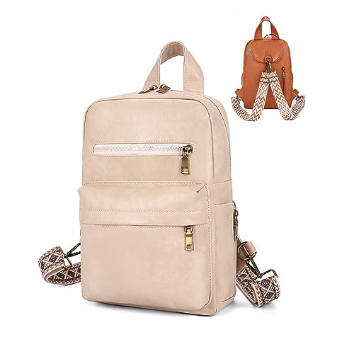 Sling Bag with 2 Guitar Strap for Women Vintage Multipurpose Chest Bag Pu Leather Crossbody Shoulder Daypack for Hiking (Beige)