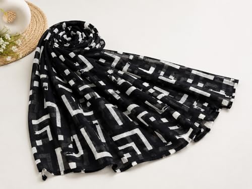 Image of Tz-Women's Pure Cotton Dupatta, Black and White Floral Print, 2.5 Metres, Lightweight Summer Wrap pk-001