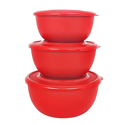 Image of Microwave Safe Stainless Steel Food Storage Container with Lid | Euro Mixing Bowl Set for Kitchen | 500ml, 800ml, 1250ml | Pack of 3 | Leak-Proof (Classic Red Plain 3)