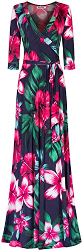 Image of Women's 3 /4 Sleeve V-Neck Printed Maxi Faux Wrap Dress Navy Fuchsia L