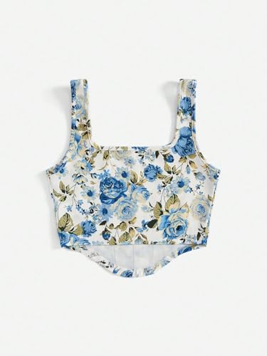 Image of mikuchiku Women's Floral Corset Tank Top, Printed, Sleeveless Crop Top