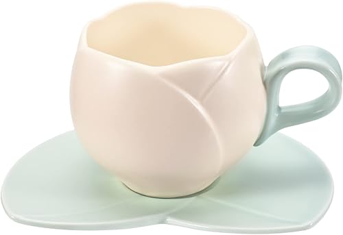 Koythin Taza de café de cerámica con platillo, taza creativa de tulipán, diseño irregular único para la oficina y el hogar, apta para lavavajillas y disponible en Yaxa El Salvador