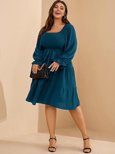 RWJ Womens Plus Size Fall Dress Long Sleeve Smocked Square Neck A-Line Wedding Guest Party Mini Dresses with Belt3