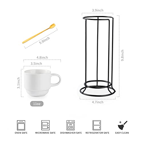 Yhosseun Porcelain Coffee Mug Set With Metal Stand, Ceramic Cups With Espresso Spoons, 11 Ounce Mug Set Perfect For Americano, Chocolate Drinks, Milk, Tea, Set Of 4, White #TOP1