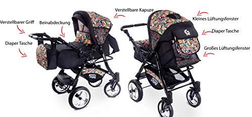 GaGaDumi Urbano 3 in 1 Kombikinderwagen Kinderwagen mit Autositz Komplettset incl Babyschale Buggy Wickeltasche Regenschutz Moskitonetz Voll-Gummireifen Grau/Eulenmuster