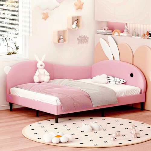 aphrophina Full Size Upholstered Rabbit-Shape Daybed for Cozy Comfort, Playful Design with Rabbit Ear Headboard, Kids and Teens, Pink