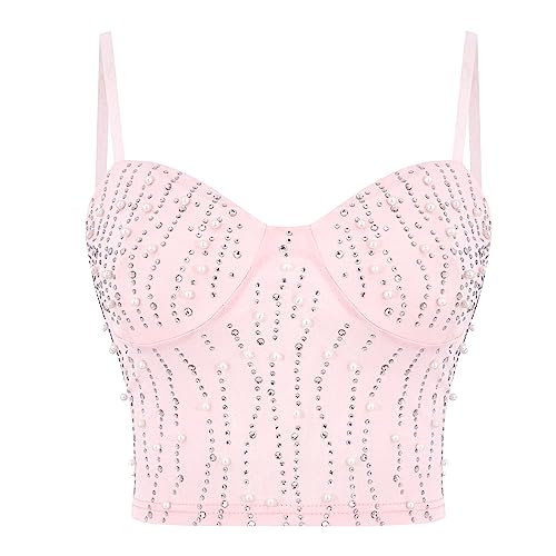 Segreto Damen Perlen Strass Crop Top Diamant Ärmellos Spaghettiträger Glitzer Trägertop Grundlegend Tank Tops Cami Weste Club Party Rosa
