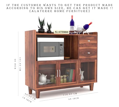 Image of Wood Kitchen Crockery Cabinet with Glass Door | Wooden Sideboard Cabinets Living Room | Crockery Unit, Dining Room Furniture, Chest of Drawers, Honey Finish