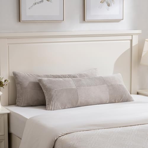 Image of Fancy Homi Set of 2 Neutral Taupe Boho Long Lumbar Body Decorative Throw Pillow Cover 14x36 Inch for Bed Couch Bedroom Bench, Soft Patchwork Corduroy Textured Pillow Case, Farmhouse Room Decor