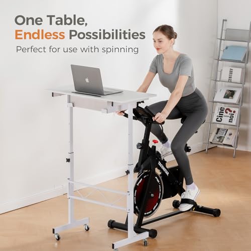 Image of COMHOMA Portable Standing Desk Adjustable Height 30.7 inch-46.4 inch, Standing Desk with Drawers, Mobile Rolling Computer Desk for Home Office Work and Walking Pad Treadmill, Carbon Fiber White