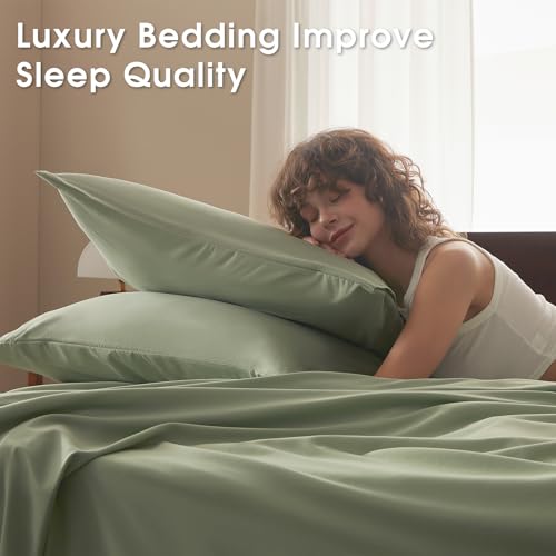 Image of Twin Size 4 Piece Sheet Set - Comfy Breathable & Cooling Bed Sheets Set, Soft and Wrinkle Free, Deep Pockets, Easy & Secure Fit, Hotel Luxury Bedding - Oeko-Tex - Sage Green