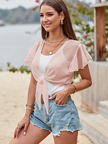 Image of ZAFUL Women's Chiffon Cropped Bolero Sheer Shrugs for Dress Short Sleeve Tie Front Cardigan