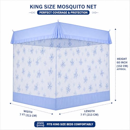 Image of ANS Floral Mosquito Net for Bed with Cotton Border | King Size 7 x 7 ft | Breathable Free Air Flow Mesh | Hanging Bed Net for Mosquito Protection (Sky Blue)