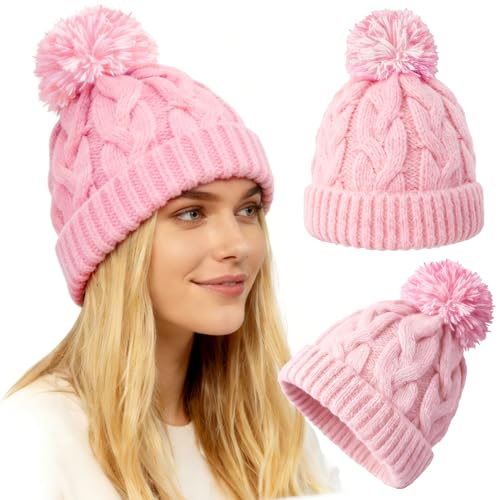 WDAIYEK Slouchy Chunky Knit Beanie with Pom Pom - Cozy Winter Bobble Hat for Women and Men Light Pink