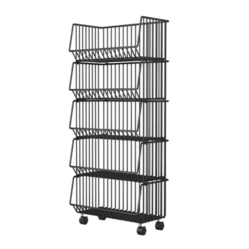 Estante para Cestas de Almacenamiento de Frutas y Verduras, Carrito Organizador de Piso de Cocina Apilable de 4 Niveles Negro, Soporte de Almacenamiento de Armario con Poleas, para Sala de Estar