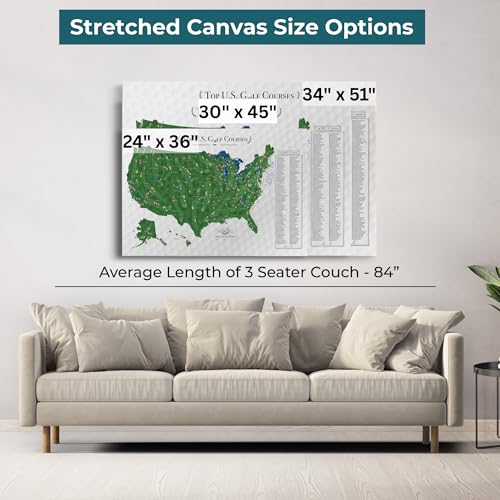Image of Push Pin Travel Maps Top 200 Golf Courses USA Canvas - Personalized Golf Course Tracker with Pins, Framed Golf Wall Decor - Gallery Wrap - 24 inch x 36 inch