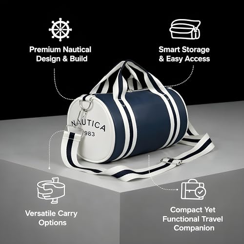 Image of Nautica Unisex 6.5L PU Mini Barrel Duffel Bag | Faux /Vegan Leather | Lightweight & Durable Silver-Tone Hardware with Stash Pocket | Weekend Travel & Gym Carry-On with Detachable Strap | Navy Blue