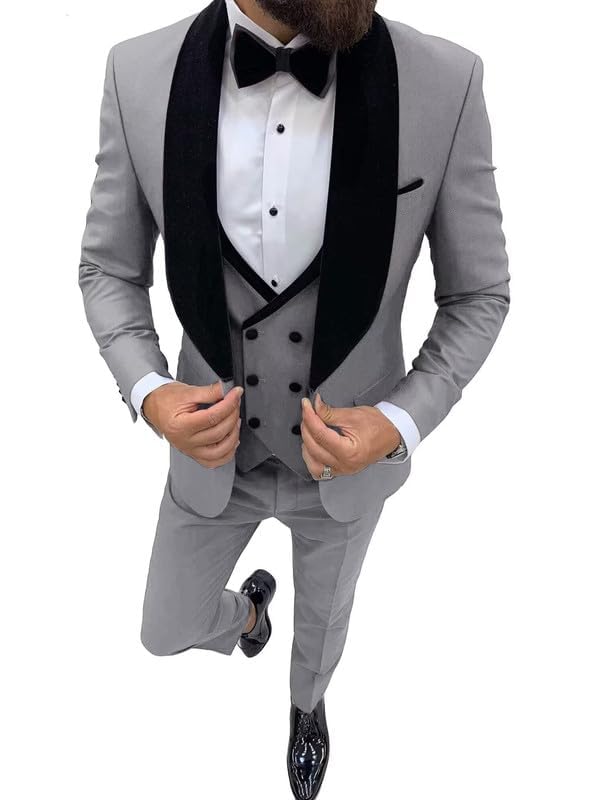 Men’s 3 Piece Slim Fit Velvet Prom Suits with Shawl Lapel, Double Breasted Vest Blazer Pant Set