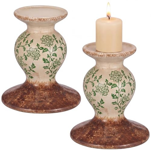 Patelai 2 Pcs Terracotta Pillar Candle Holders Floral Sculptural Taper Candlestick Rustic Farmhouse Decorative Candleholders Pedestal Stand for Table Centerpiece Wedding Home Tabletop Decor
