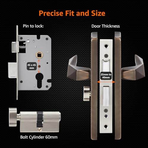 Image of Amazon Basics Heavy-Duty Door Lock Set | Mortise Door Lock Handlesets with 3 Brass Key for Home,Office,Hotel | Brass Body & Cylinder | Matt Black