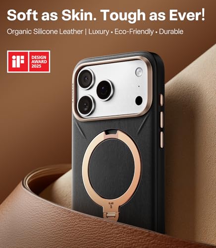 Image of TORRAS Q3 VegSkin for iPhone 17 Pro Max Case Leather, 360 Spin Magnetic Stand, Fit for MagSafe, Camera Control, Shockproof Premium Organic Silicone Leather Case for iPhone 17 Pro Max, Midnight Black