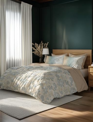 Image of LANE LINEN 400TC Morrison Bloom Super King Size Bedsheet with 4 Pillow Cases | 100% Cotton Digital Print Bedding Set (2.74 M x 2.74 M) | Modern Floral Pattern for Luxurious Comfort (Brown & Blue)