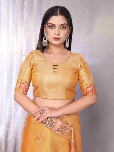 Image of SWORNOF Gold-Toned Woven Design Silk Zari Tissue Saree | Saree for Women | Soft and Skin Friendly