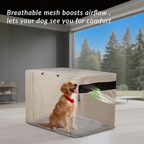 HiCaptain Breathable Dog Crate Cover 36 Inch, Durable Heavy Duty Kennel Cover, Dual Zippered Panels, Windproof Waterproof UV-Resistant(Beige) - Image 3