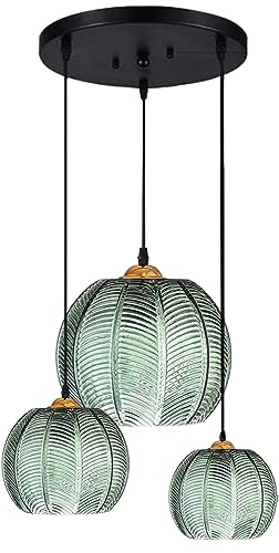 Pendentif en verre moderne à 3 lumières, vert, décoration de la maison, lumière citrouille, lampe suspendue nordique en verre nervuré, îlot de cuisine, câble...