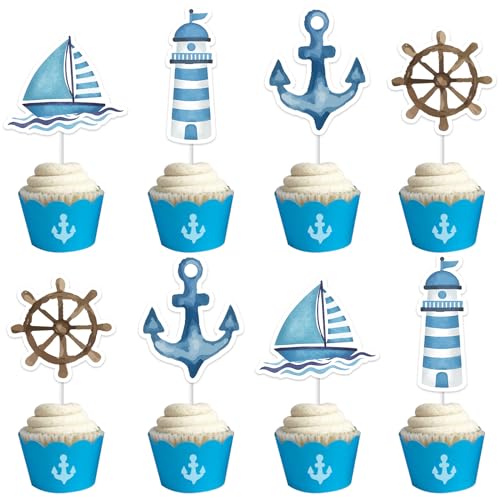 Kreatwow Nautical Cake Decorations and Cupcake Toppers - Sailor Birthday Party Supplies, Ocean Navy Theme Decor for 1st Birthday, Baby Shower, Bachelorette Party