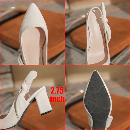 Women's Suede Bowknot Slingback Pumps Fashion Closed Pointed Toe Slip On Chunky Block Heeled Sandals Comfort Wedding Party Dress Shoes2
