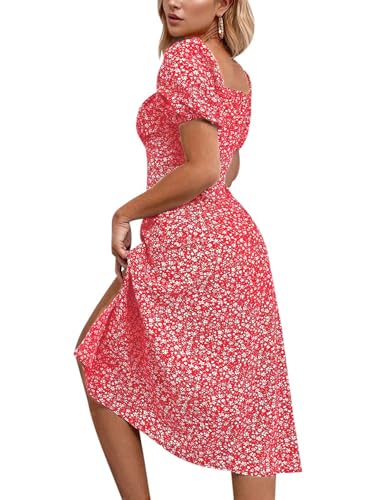 Image of SPRIME Women's Floral Summer Casual Dress Square Neck Puff Sleeve Boho Midi Dresses Ruched Bust High Waist Split Long Dress