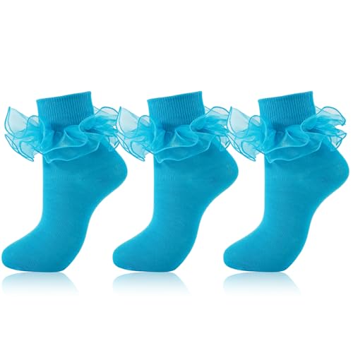 Image of Women Big Ruffle Ankle Socks Adult Double Lace Frilly Turn Cuff Dress Socks Cotton Cute Fancy Bobby Crew Socks
