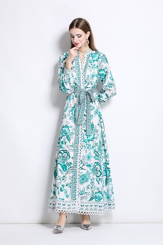 LAI MENG FIVE CATS Women's Casual Floral Print V-Neck Button up Slit Maxi Dress4