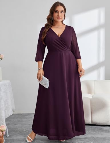 Image of ZOMVA Plus Size Maxi Formal Dress Lace Chiffon Floral V-Neck Wrap Wedding Guest Evening Gown Cocktail Prom 3 /4 Sleeves